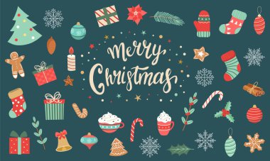 Yeni yıl ve Noel için büyük bir karakter ve eşya koleksiyonu. Çizgi film tarzında vektör illüstrasyonu