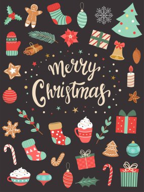 Yeni yıl ve Noel için büyük bir karakter ve eşya koleksiyonu. Çizgi film tarzında vektör illüstrasyonu