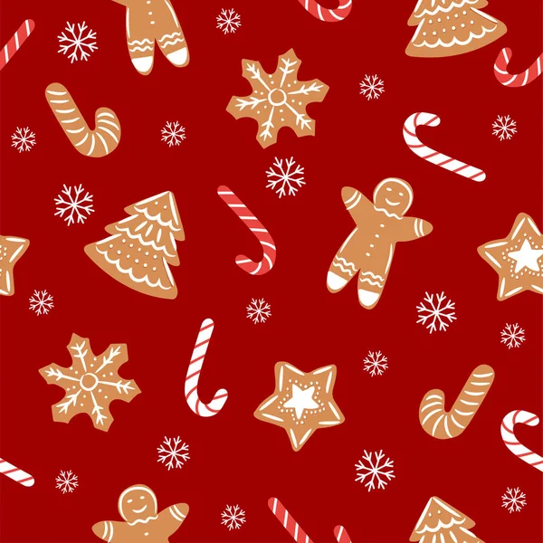 クリスマスキャンディー ギフト ホリーの葉や鐘と漫画のスタイルでシームレスなクリスマスパターンテンプレート テーマ別の装飾を包み — ストックベクタ