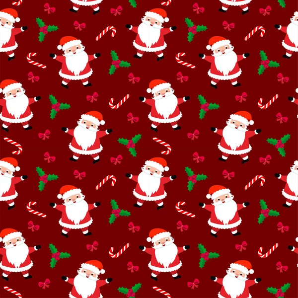 Noel şekerlemeleri, hediyeler, kutsal yapraklar ve çanlar eşliğinde kusursuz bir Noel şablonu. ambalaj kağıdı, tekstil, temalı dekor için