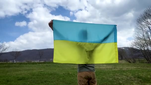 Mężczyzna trzyma ukraińską flagę i patrzy na pustą spaloną ziemię. Przerwać wojnę.. — Wideo stockowe