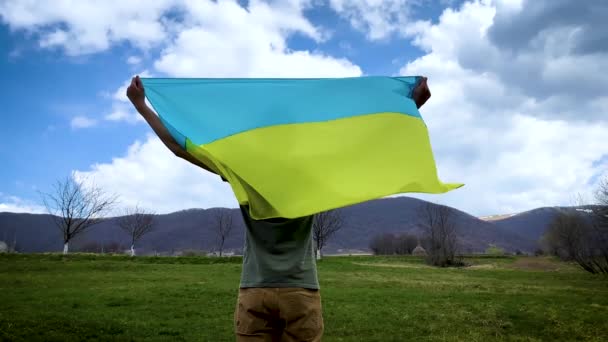 A man holds the Ukrainian flag and looks at the empty scorched earth. Stop war. — ストック動画