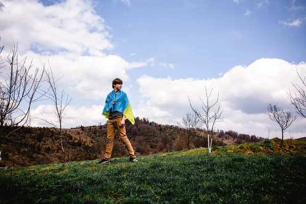 Bir adam Ukrayna bayrağını tutuyor. Savaşı durdurun. Dağların arkasında..