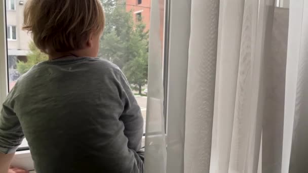A two-year-old boy sits and looks out the window at passing cars. Alone — Αρχείο Βίντεο