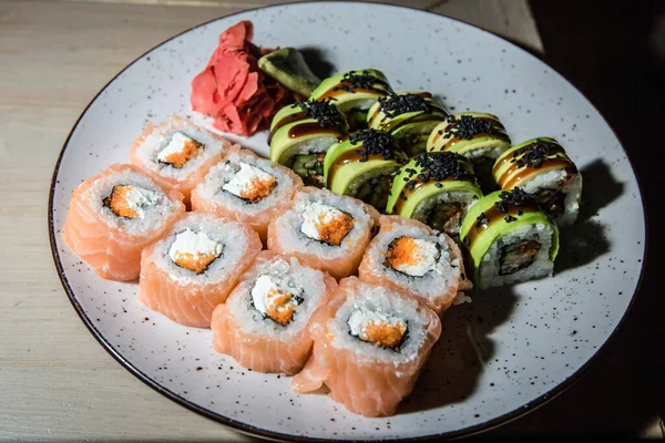 Japanese Food Restaurant Salmon Sushi Maki Gunkan Roll Plate Platter — Stock Photo, Image