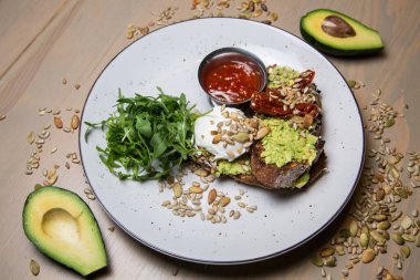  Food, close up of delicious toasts with avocado 