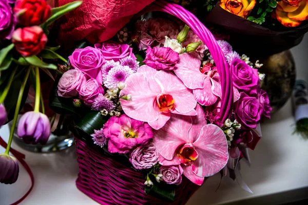 Expensive bouquet of pink in the basket