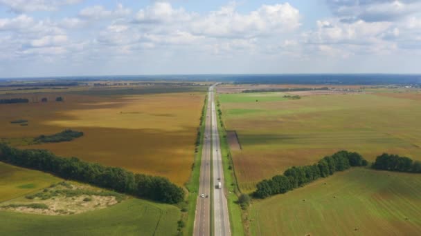 車やトラックが運転する高速道路沿いの道路の4K空中映像 地面に影を投げかけるふわふわの雲と晴れた日の緑と黄色のフィールドの間 美しい景観幾何学 — ストック動画