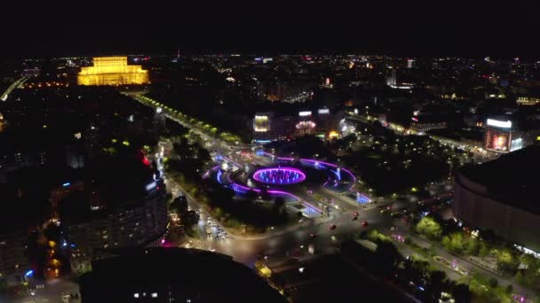 Nacht Luchtfoto Van Een Uitzicht Het Parlement Van Roemeense Hoofdstad — Stockvideo