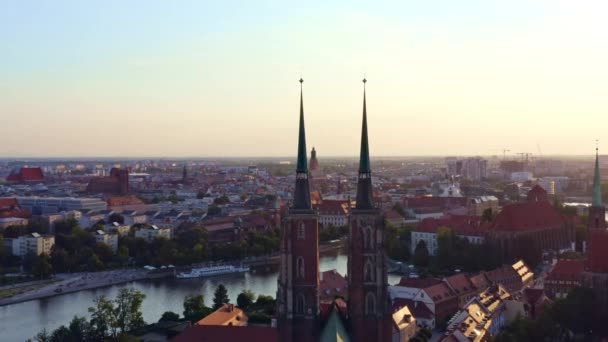 Aerial Footage Flying Towers John Baptist Cathedral View Oder River — Stock Video