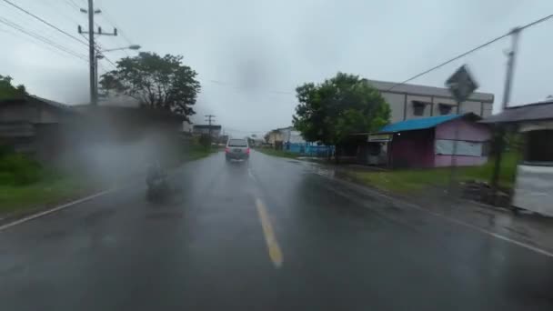 Gümüş Araba Yağmurdan Sırılsıklam Bir Yolda Ilerliyor — Stok video