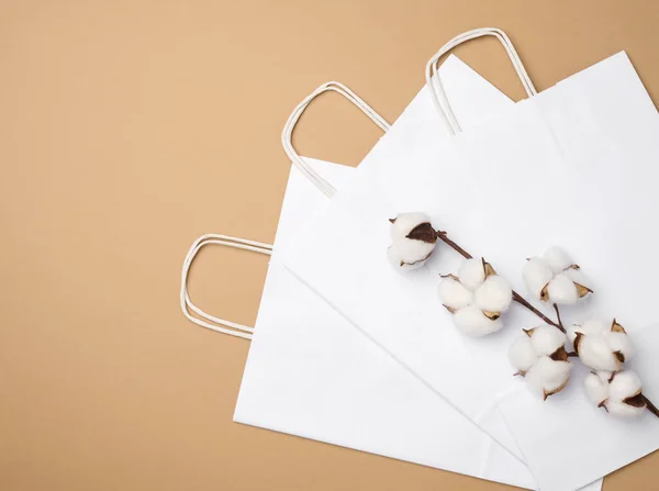 white paper bag and a branch with cotton flowers on a light brown background, zero waste, top view