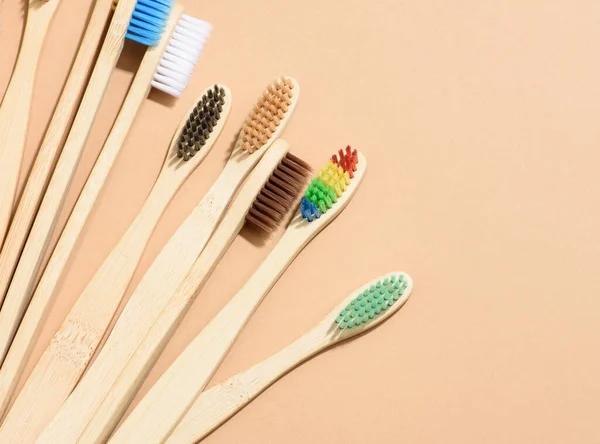 Wooden Toothbrushes Beige Background Zero Waste Top View — Stock Photo, Image