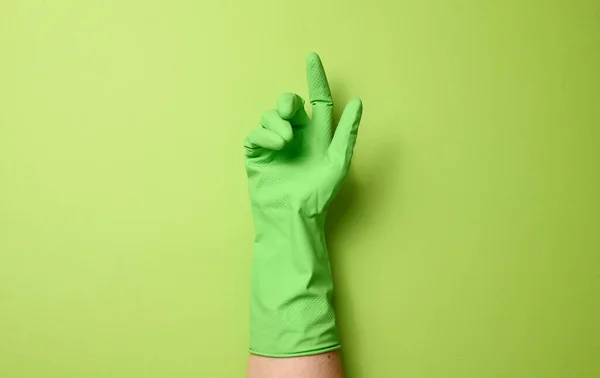 Mano Guante Goma Verde Para Limpiar Sobre Fondo Verde Parte — Foto de Stock