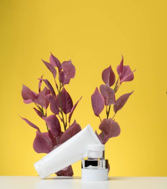 boş beyaz plastik tüp ve kozmetik için kavanoz. Krem, jel, serum, reklam ve ürün tanıtımı için ambalaj, maket