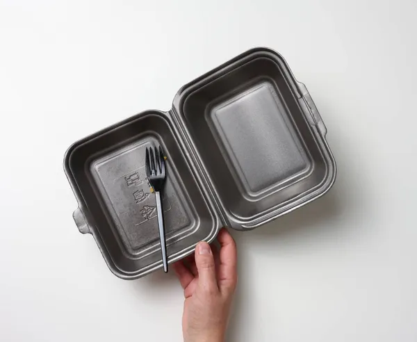 Female Hand Holds Disposable Food Container Plastic Fork Gray Blank — Stock Photo, Image