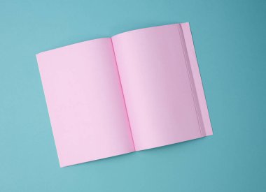 Mavi arkaplanda boş pembe sayfaları olan bir defter aç, üst görünüm