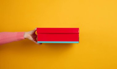 Sarı arka planda kırmızı bir karton kutu tutan bir kadın el.