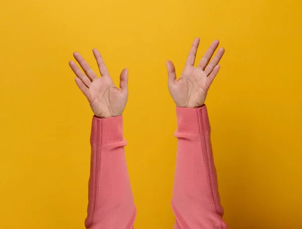 Twee Vrouwelijke Handen Een Roze Trui Worden Geheven Lucht Handpalmen — Stockfoto