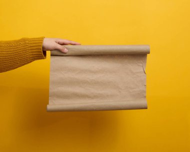 Kahverengi kraft kağıdının boş kahverengi paketini tutan kadın. Bir yazıt, reklam, bilgi için yer