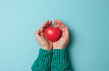 Kadın elleri kırmızı kalbi, mavi arkaplanı tutar. Aşk ve bağış konsepti, kopyalama alanı, üst görünüm