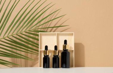 Açık kahverengi arka planda pipeti olan cam kahverengi şişe, palmiye yaprağının yanında. Cilt makyajı ürünüName