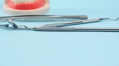 Beyaz dişli plastik çene modeli ve doktorun oral boşluktaki işi için çeşitli diş aletleri, mavi arka plan, kameranın sağdan sola hareketi
