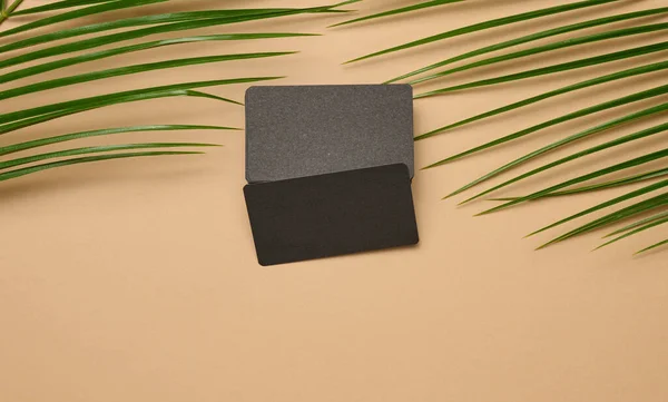 Stack Rectangular Black Paper Business Cards Leaf Palm Tree Brown — Stockfoto