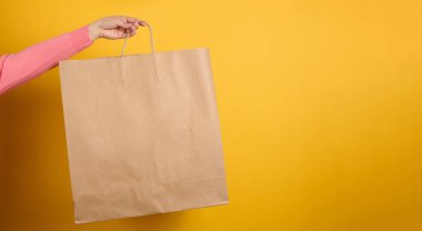 Sarı arka planda paket yaptırmak için elinde kahverengi, boş bir kağıt torba tutan kadın. Paketleme şablonu maketi. Teslimat hizmeti konsepti, afiş