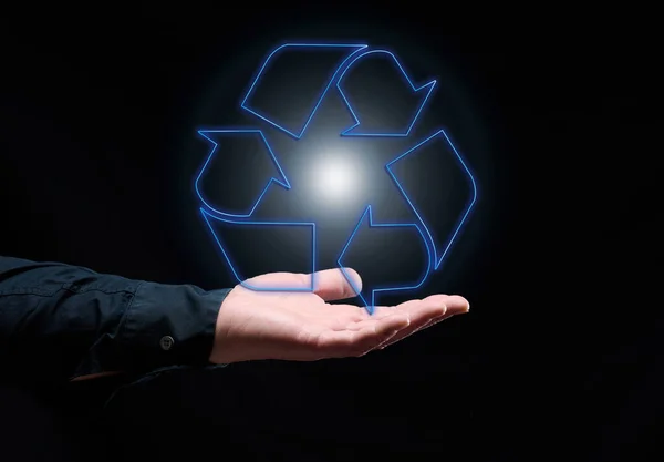 Panneau Bleu Lumineux Recyclage Flottant Dessus Main Développement Durable Concept — Photo