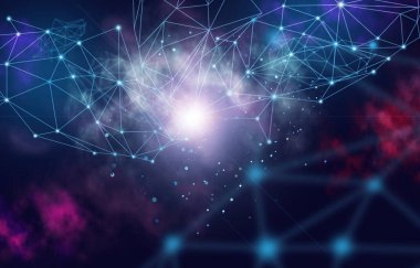 Lacivert arkaplanda birbirine bağlı çizgiler ve noktalar olan soyut bir arkaplan. Kablosuz bağlantı illüstrasyonu, bilgi alışverişi