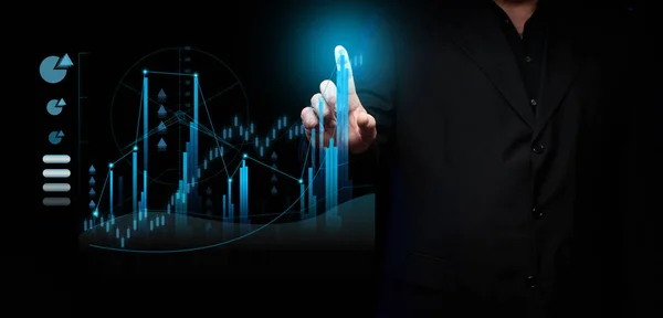 Male Businessman Stands Black Suit Front Holographic Ddiagram Graphs Growing — Stock Photo, Image