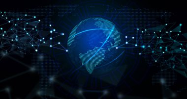 Koyu mavi arka planda gezegenin noktalı holografik modeli. Global dünya interneti, yüksek teknoloji. Soyut arkaplan