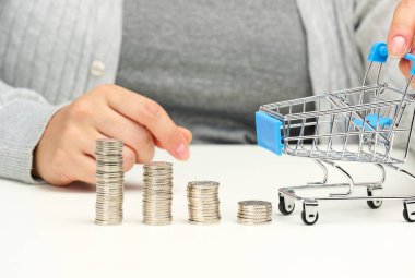 Kadın masada oturuyor ve elinde minyatür bir el arabası ve bir yığın beyaz para tutuyor. Tasarruf, satış, vergi kavramı