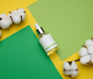 Pipetli beyaz cam şişe ve boş beyaz etiket. Kozmetik, serum ve yağ için konteynır. Cilt bakımı ürünü