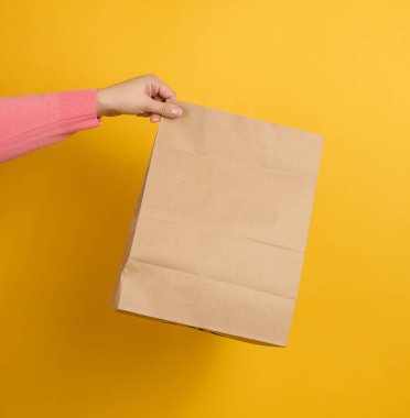 Sarı arka planda paket yaptırmak için elinde kahverengi, boş bir kağıt torba tutan kadın. Paketleme şablonu maketi. Teslimat hizmeti kavramı