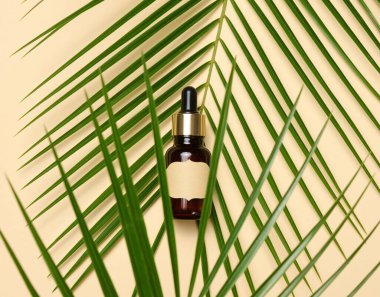 Kahverengi bir pipetli kahverengi cam şişe ve üzerinde boş bir kağıt etiket kahverengi bir arka planda duruyor. Kozmetik, serum ve yağ konteyneri, palmiye yaprağı 