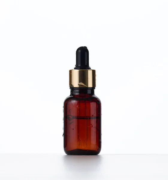 Brown Glass Bottle Pipette White Background Container Cosmetics Oils Serums — Stock Photo, Image