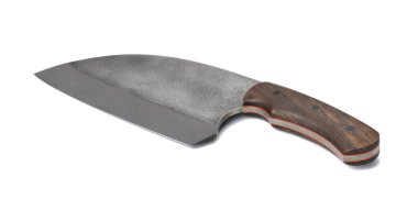 Tahta saplı büyük et ve balık bıçağı beyaz arka planda izole edilmiş.