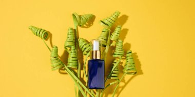 Sarı arka planda pipetli cam kozmetik mavi şişeler. Kozmetik SPA marka modeli, üst görünüm