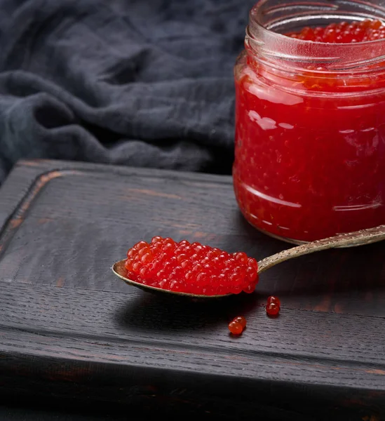 Fresh Grainy Red Caviar Glass Jar Wooden Table — Stock Photo, Image