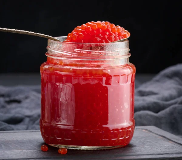 Fresh Grainy Red Caviar Glass Jar Wooden Table — Stock Photo, Image