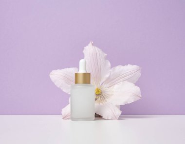 Kozmetik, yağ ve serum için pipetli beyaz cam şişe. Reklamcılık ve ürün tanıtımı