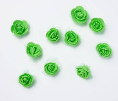 Beyaz arka planda yeşil süslemeli güller, üst manzara