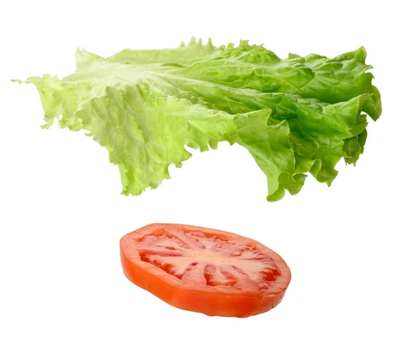 Grønn Salat Rund Skive Moden Rød Tomat Isolert Hvit Bakgrunn – stockfoto