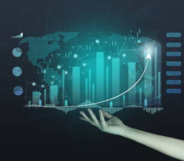 Büyüyen göstergeler ve bir kadın eli ile holografik grafik grafik grafik. İş büyümesi konsepti, kârlı bir girişim, kârlı bir iş stratejisi, satış artışı. Yüksek performans