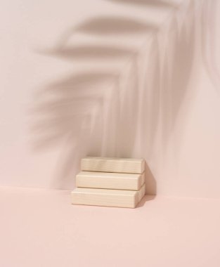 Ahşap basamaklar ve bej arka planda bir palmiye yaprağının gölgesi. Ürünlerin, kozmetik ürünlerin, ürünlerin tanıtımı ve tanıtımı için aşama