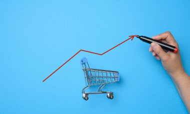 Minyatür alışveriş arabası ve kırmızı kalemli bir el, büyüyen göstergelerle çizilmiş bir grafik. Artan fiyatlar, enflasyon