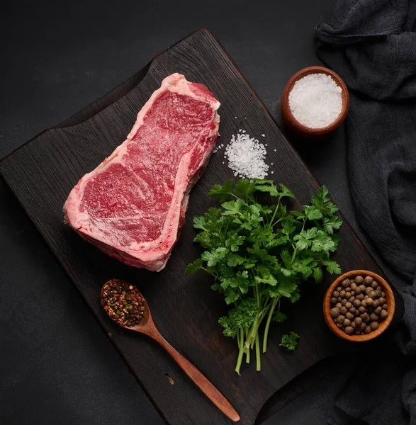 Fresh Raw Piece Beef Meat Striploin Steak Black Background Top — Foto de Stock