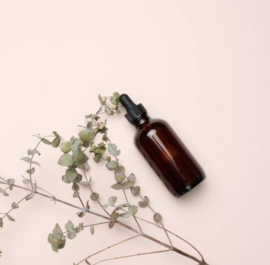 Bej arka planda pipeti olan kahverengi cam bir şişe. Kozmetik, yağ, serum, üst görünüm için kaplar